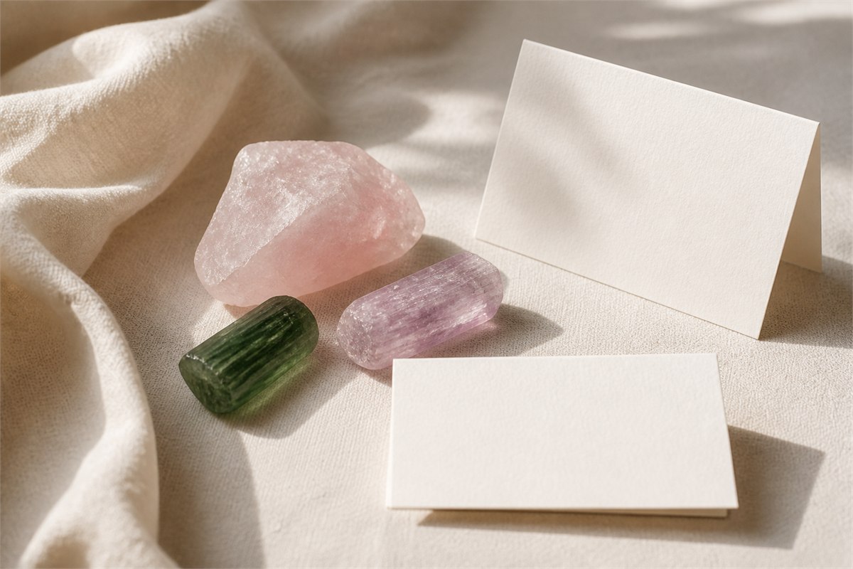 Rose quartz, green tourmaline, and pale pink kunzite with blank note cards