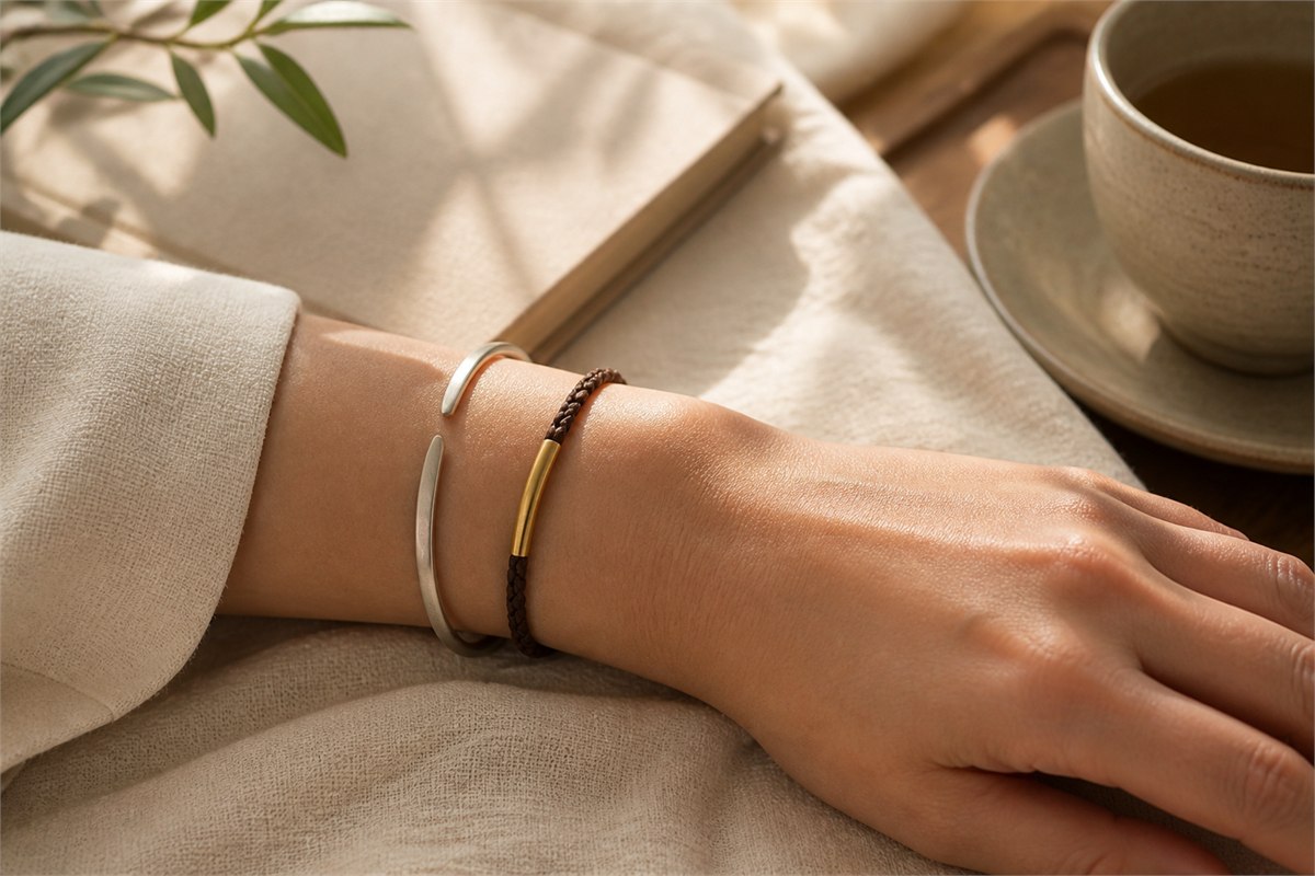 Person wearing a plain silver cuff and brown cord bracelet in warm natural light