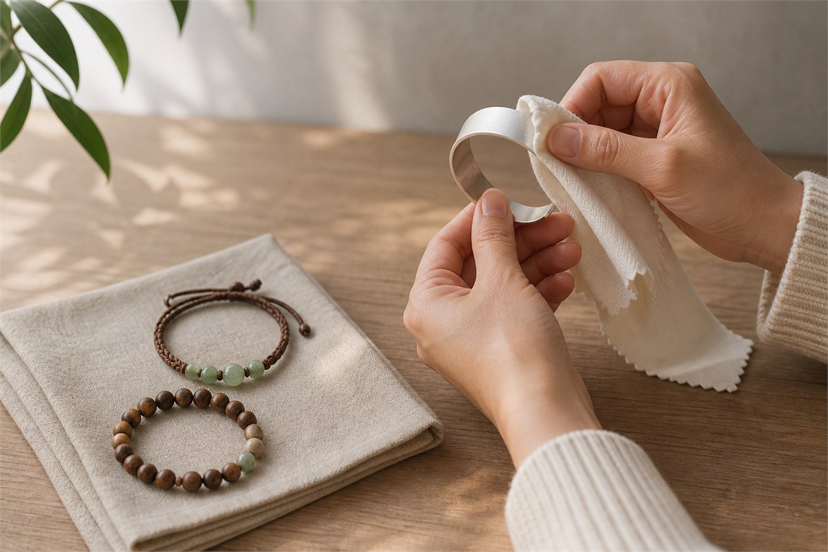 Hand wiping a silver cuff with a soft dry cloth beside cord and bead bracelets