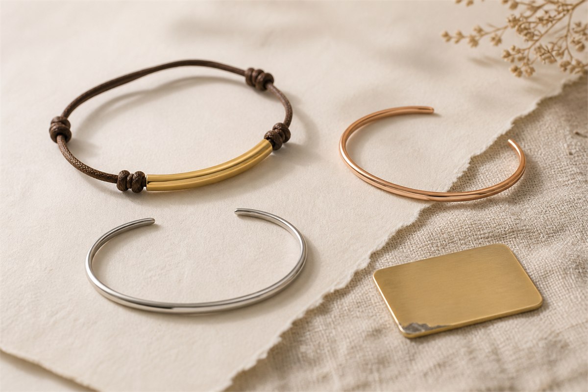 Gold-tone tube bracelet, rose-gold cuff, silver cuff, and plated metal sample arranged separately