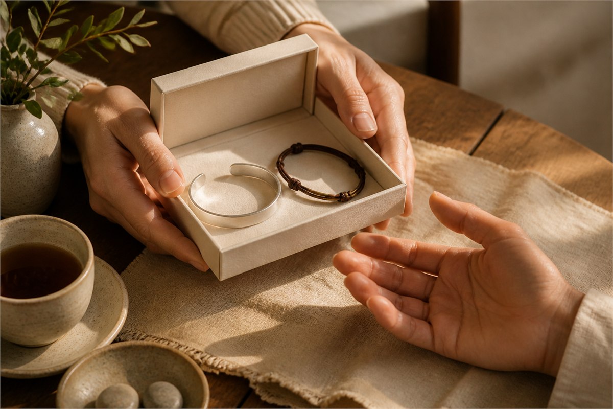 One person offering an open jewelry box with a silver cuff to another person's open hand