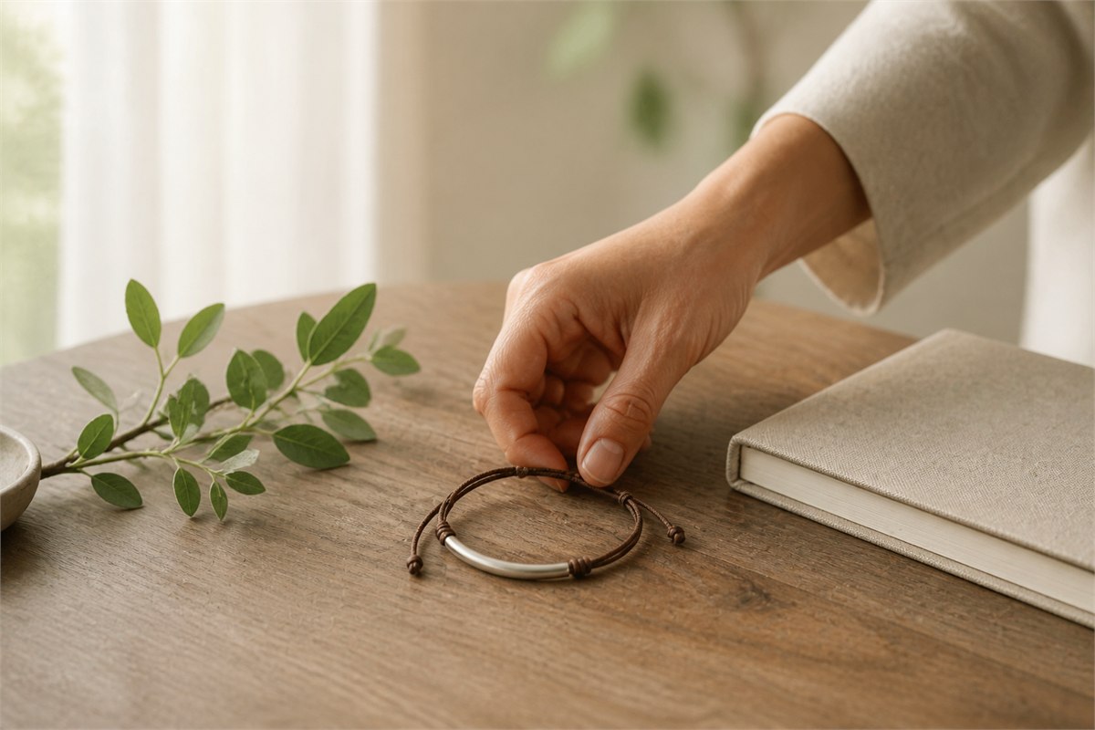 Hand placing a brown cord bracelet with a blank silver tube beside a leafy branch and linen notebook