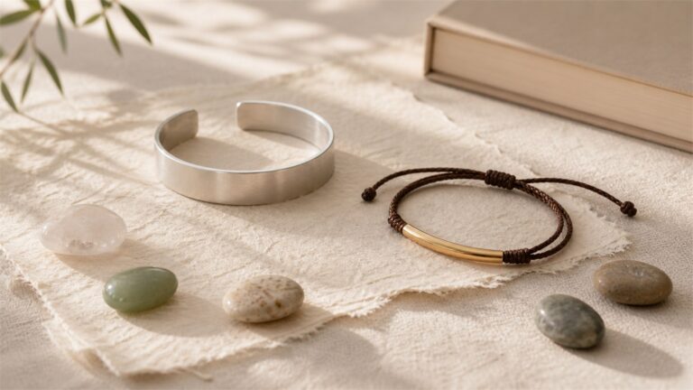 Brushed silver cuff and brown cord bracelet with five natural stones in warm window light