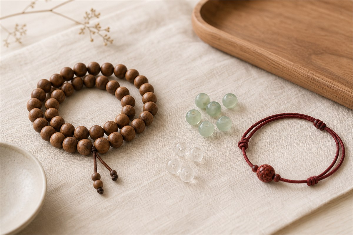 Wood bead strand, loose translucent glass beads, and red cord bracelet with an intact sealed red focal bead