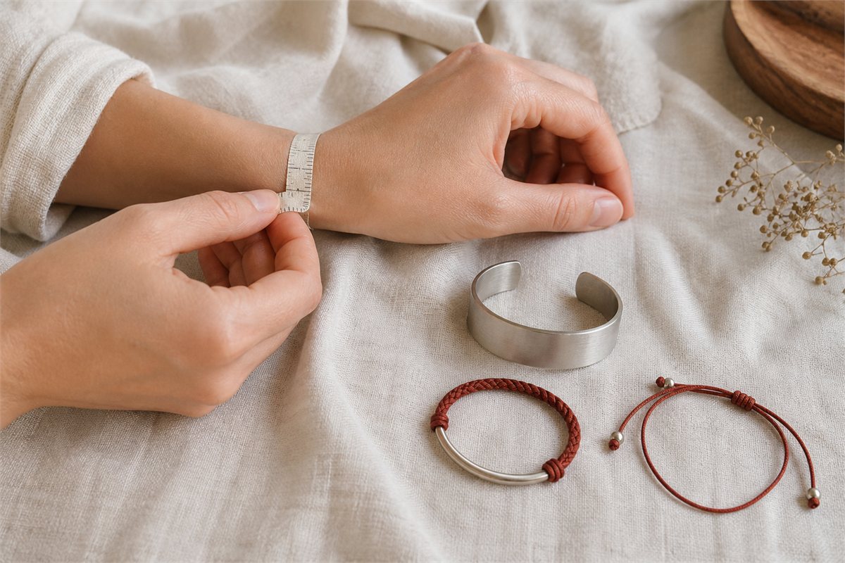 Hands measuring a wrist with a soft tape beside a cuff and adjustable cord bracelets