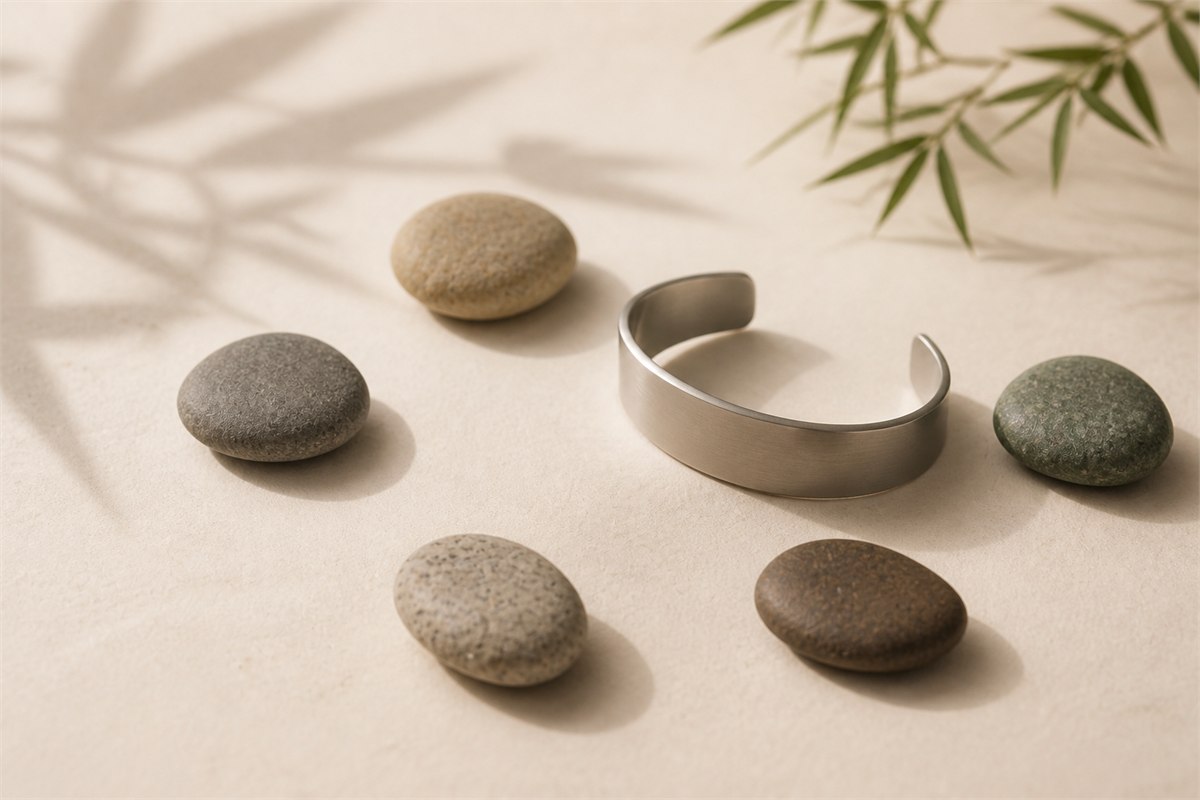 Brushed silver cuff surrounded by five natural stones on warm ivory paper