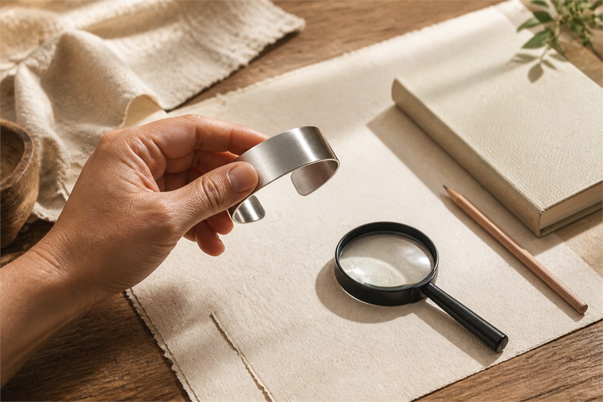 Hands examining a plain silver cuff with a magnifying glass beside an open reference book