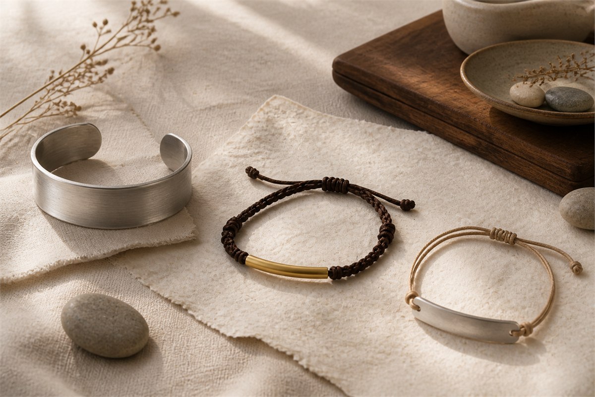 Silver cuff and two brown cord bracelets with different plain metal elements arranged separately