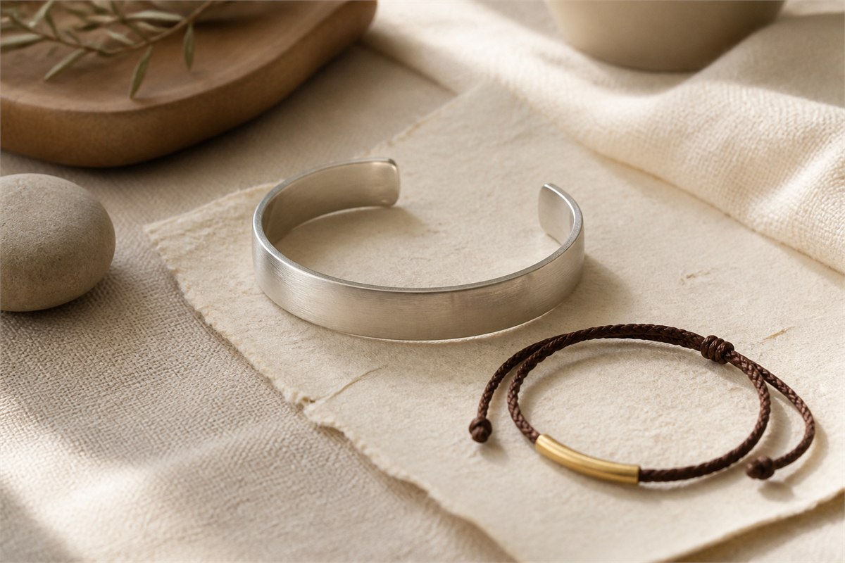 Brushed silver cuff and brown cord bracelet with a curved gold-tone tube on ivory paper