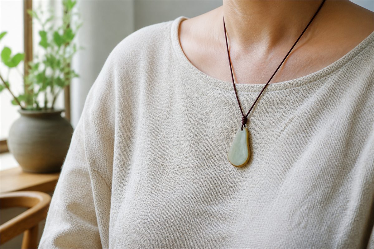 Adult wearing an irregular pale jade pendant with a brown edge on a dark red cord over an oatmeal top