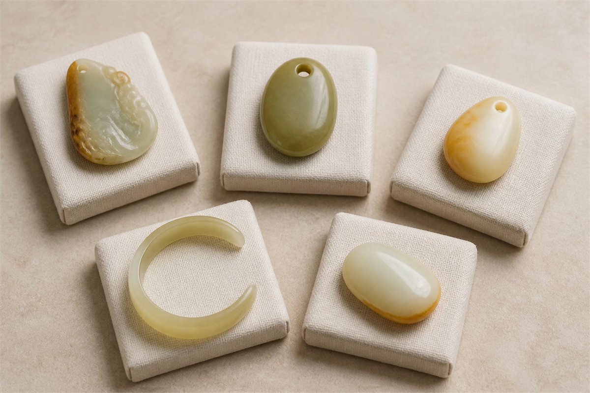 Five pale green and cream jade-like forms displayed separately on small ivory pads