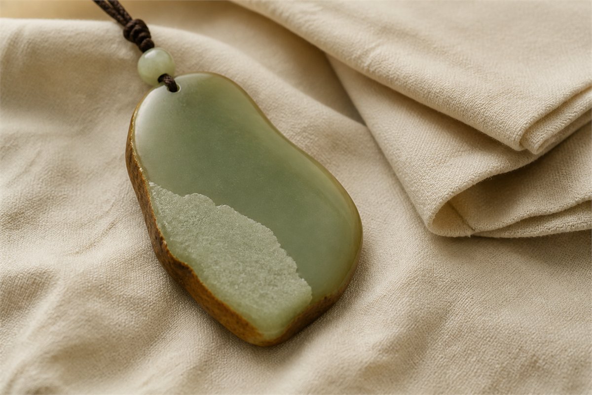 Green jade pendant with a localized pale matte surface patch beside a folded soft cloth