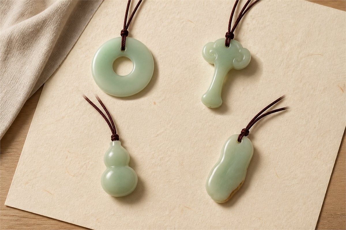 Four pale jade pendants shaped as a peace buckle, ruyi, gourd, and simple river-worn form