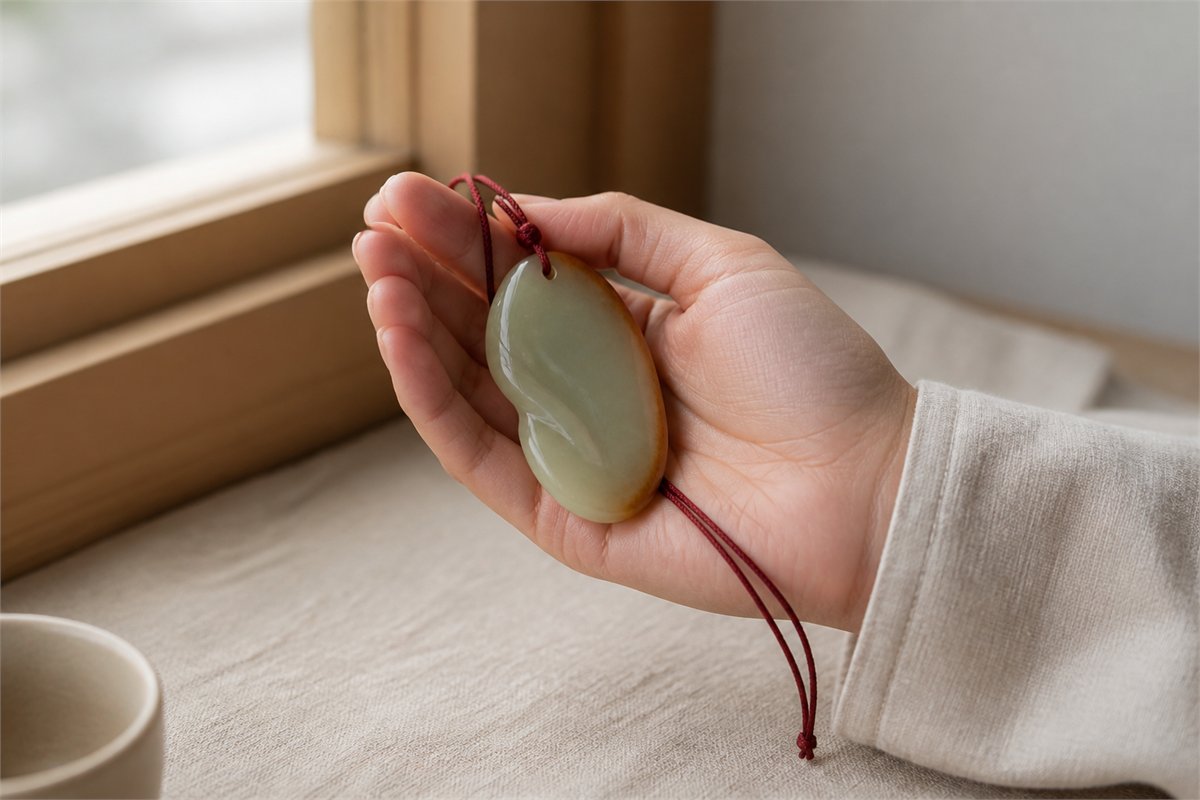 Adult hand holding an irregular pale jade pendant with a brown edge in soft window light