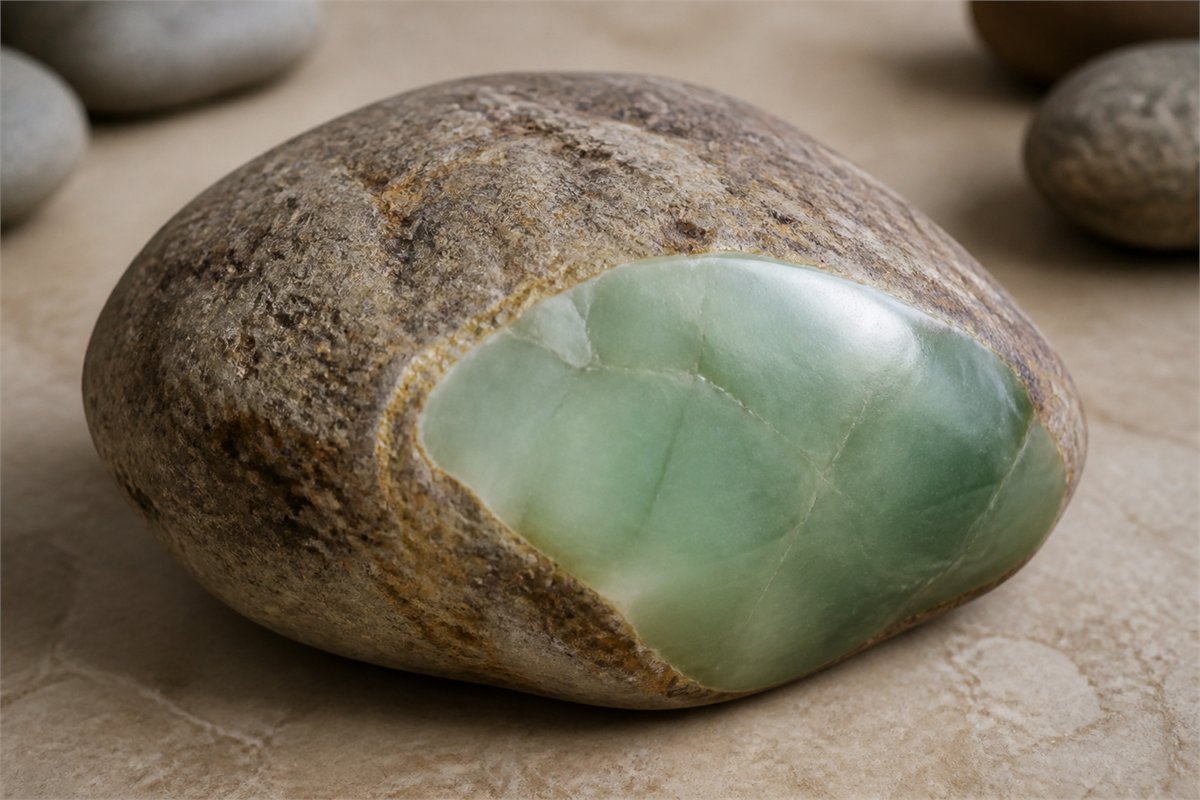 Rounded brown stone-like jade specimen with a polished green interior window on a neutral surface