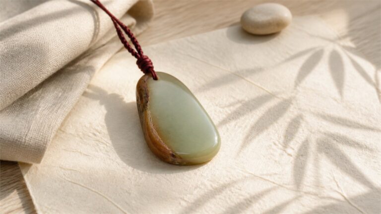 River-shaped cream-celadon jade pendant with brown skin edge and dark red cord on warm ivory paper