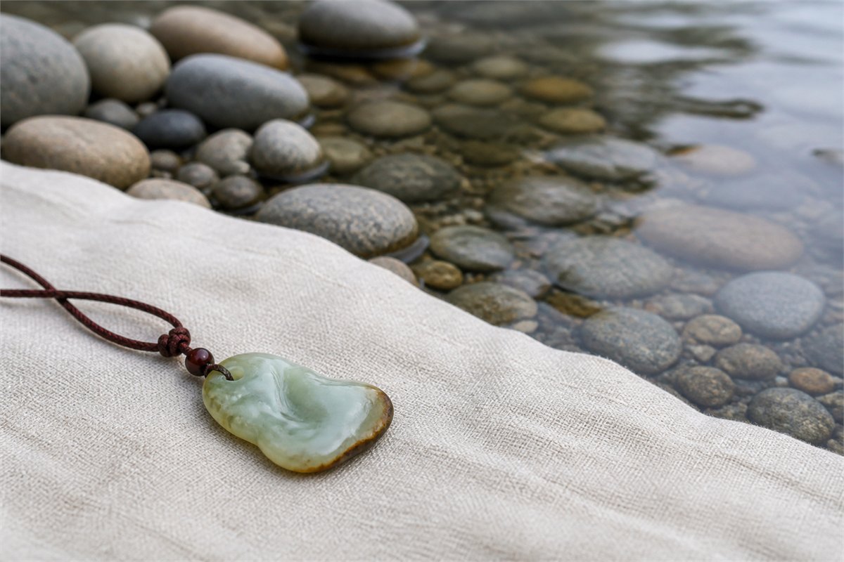 Irregular pale jade pendant with brown skin edge resting on ivory cloth beside a shallow pebble stream