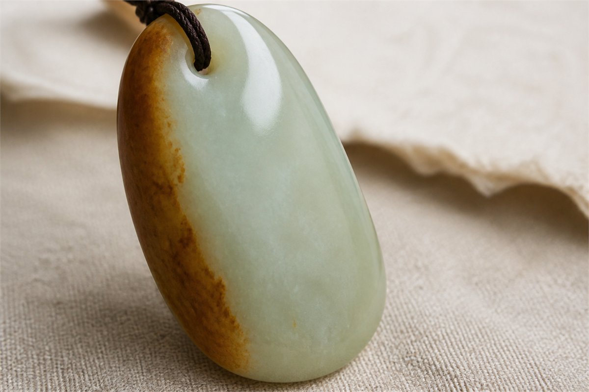 Macro view of a pale green jade pendant with a broad natural-looking brown skin edge