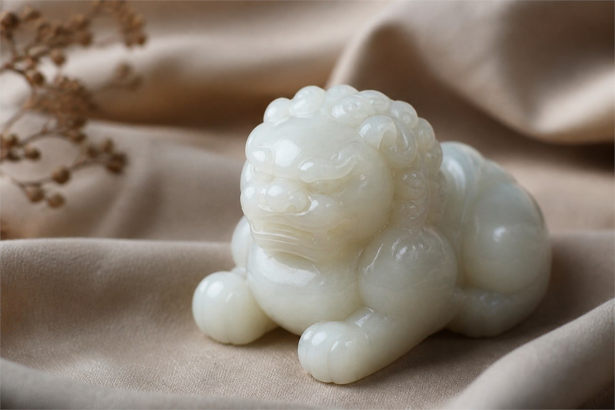 Creamy white nephrite jade lion carving showing soft luster and rounded paws