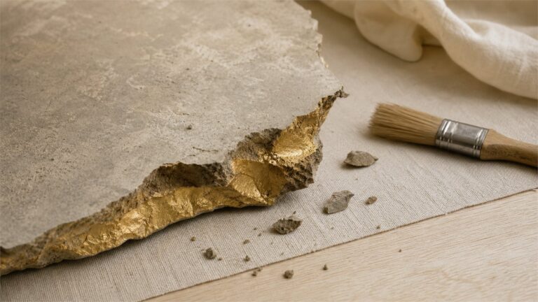 Broken plaster layer revealing muted gold alloy beneath