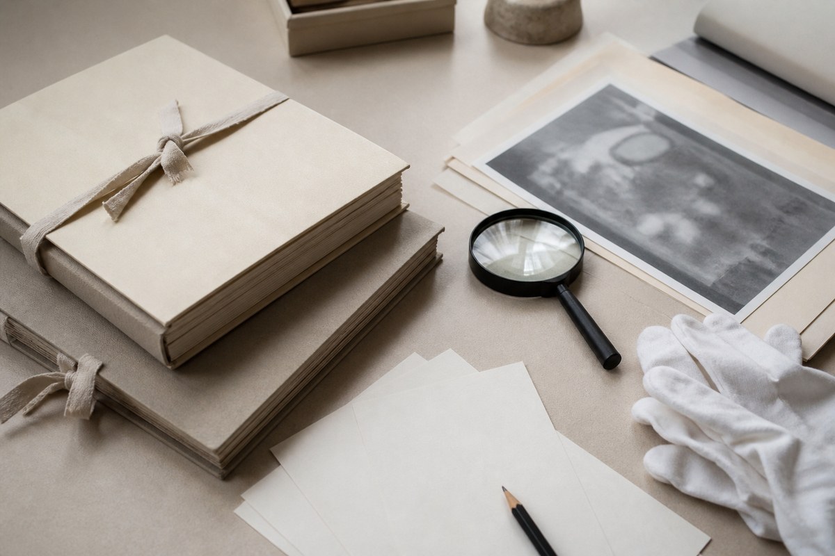 Museum research folios, a magnifier, and gloves on a quiet study table.