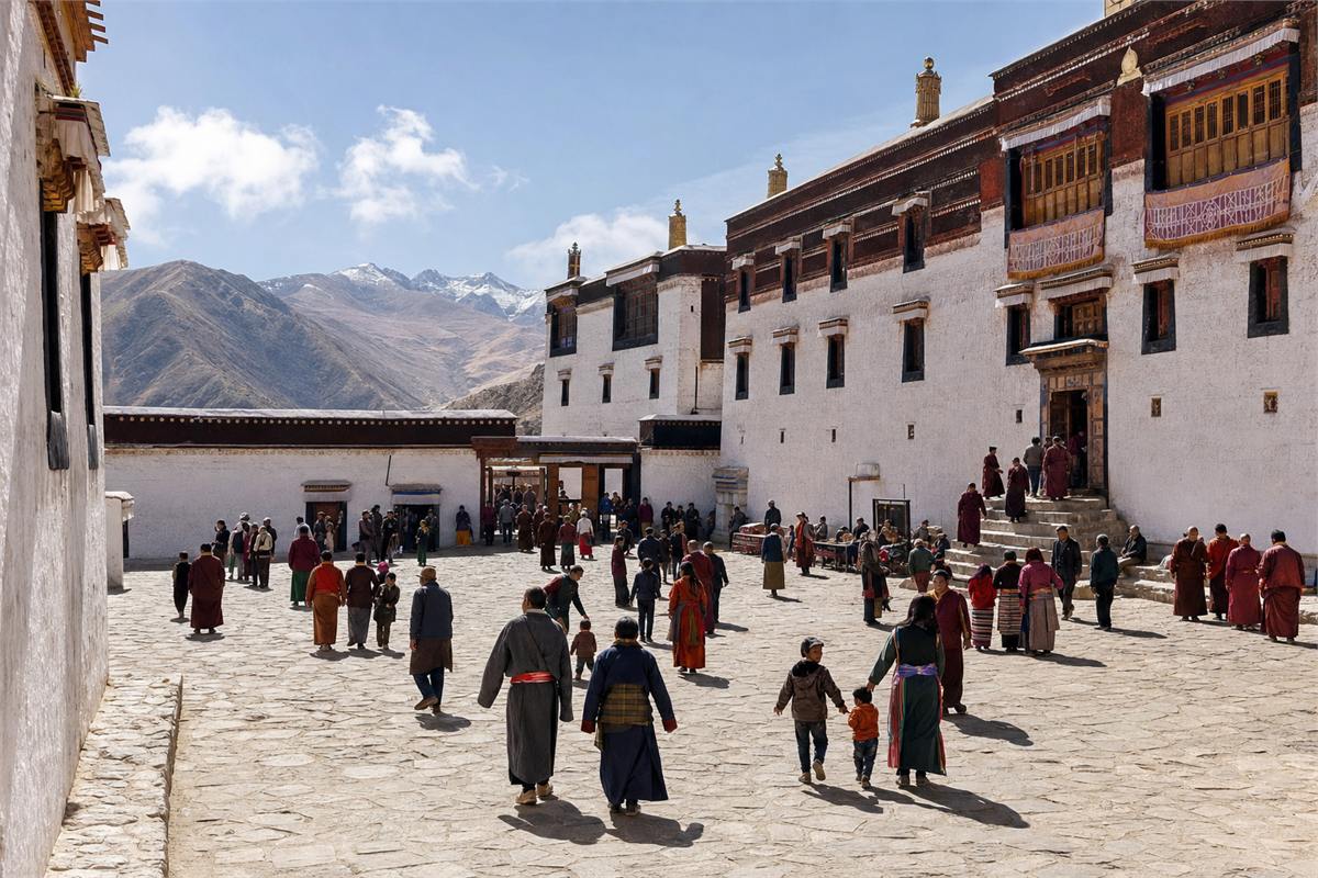 Adults, families, and robed practitioners walking through a whitewashed Himalayan monastery courtyard