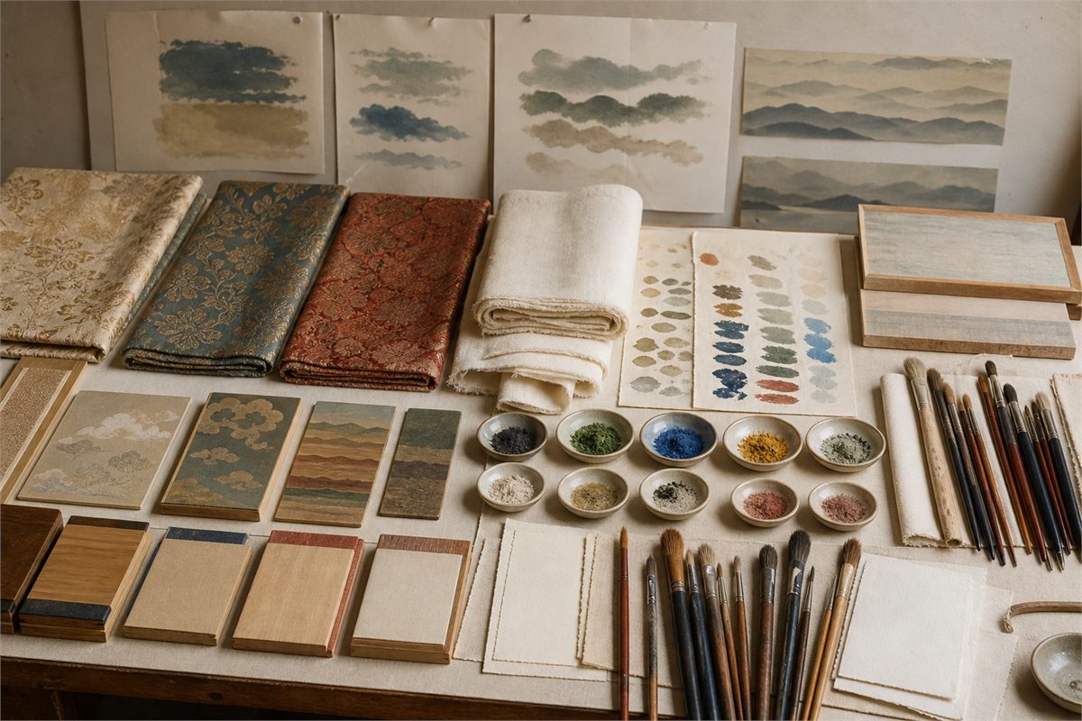 Brocade samples, cotton grounds, brushes, pigment palettes and landscape color studies arranged on a worktable