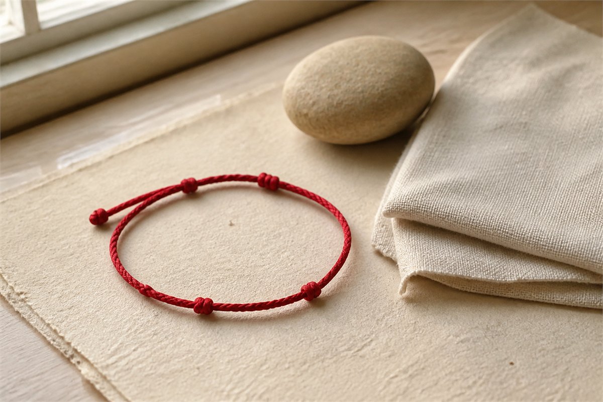 A simple red knotted cotton blessing cord rests on a neutral cloth beside a small wooden bead strand.
