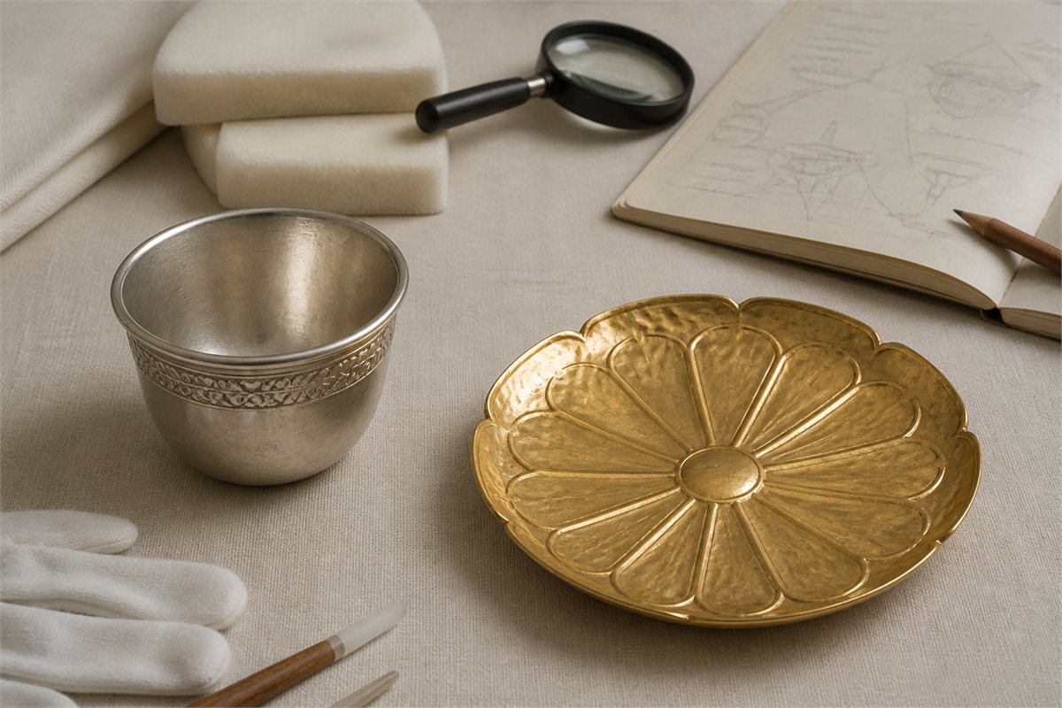 Silver cup and gold-toned petal dish with chased details arranged as unlabeled study replicas on linen
