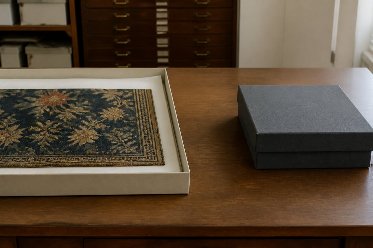 Asian floral textile in a pale archival tray beside a separate closed charcoal archive box