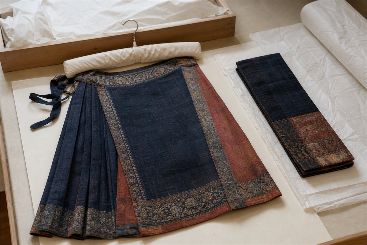 Historically inspired indigo and faded red pleated wrap skirt arranged with archival tissue and a padded hanger