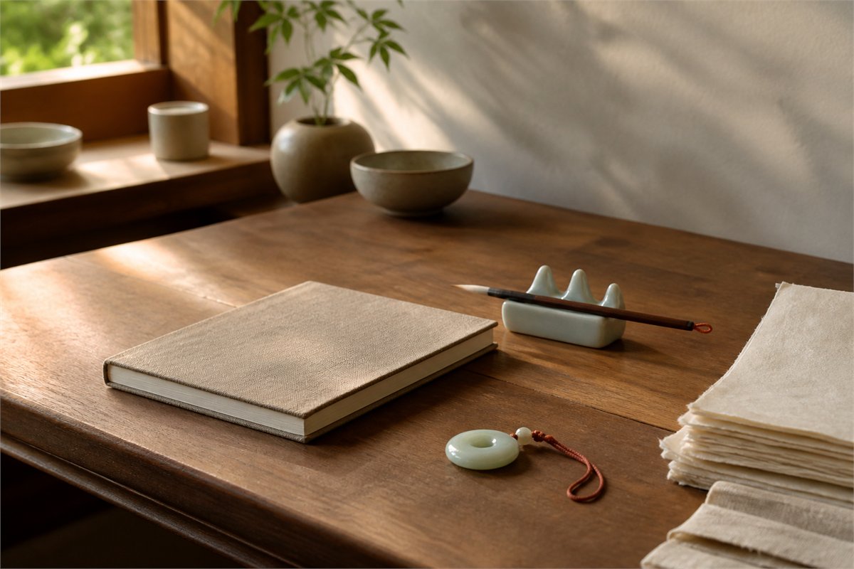 Clothbound journal, writing brush, handmade paper, and blank jade pendant on a sunlit wood desk