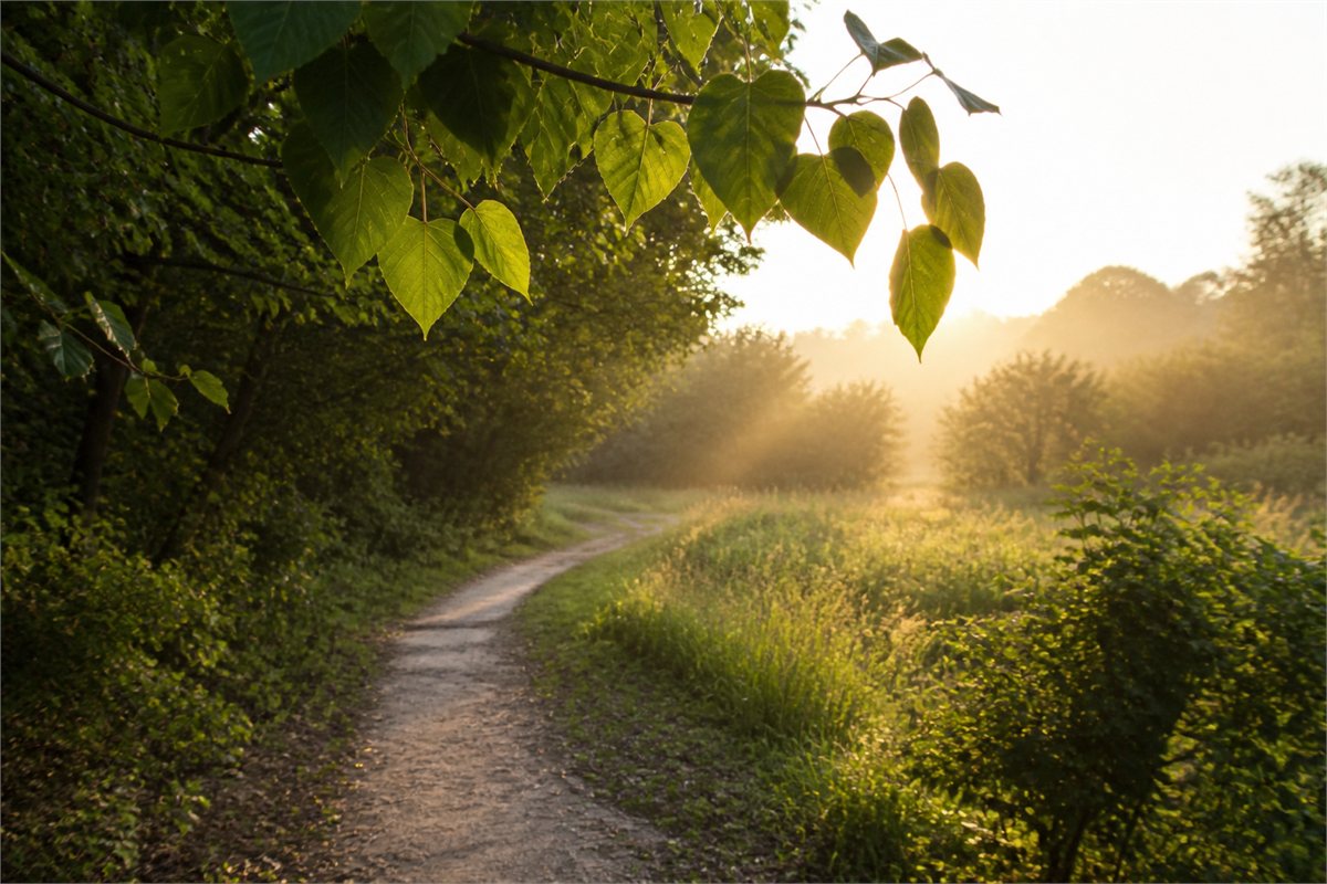 Quiet garden path illuminated by warm morning light beneath green leaves