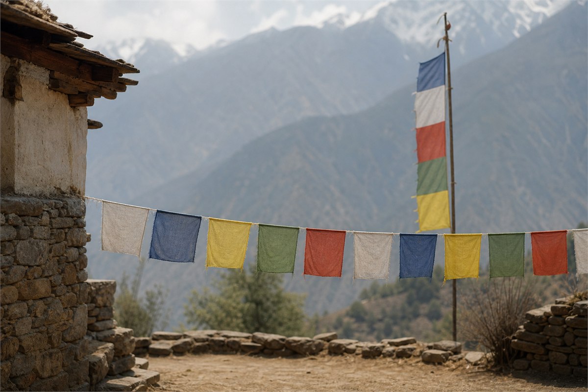 Horizontal cloth prayer flags and a tall vertical five-color banner in a mountain courtyard