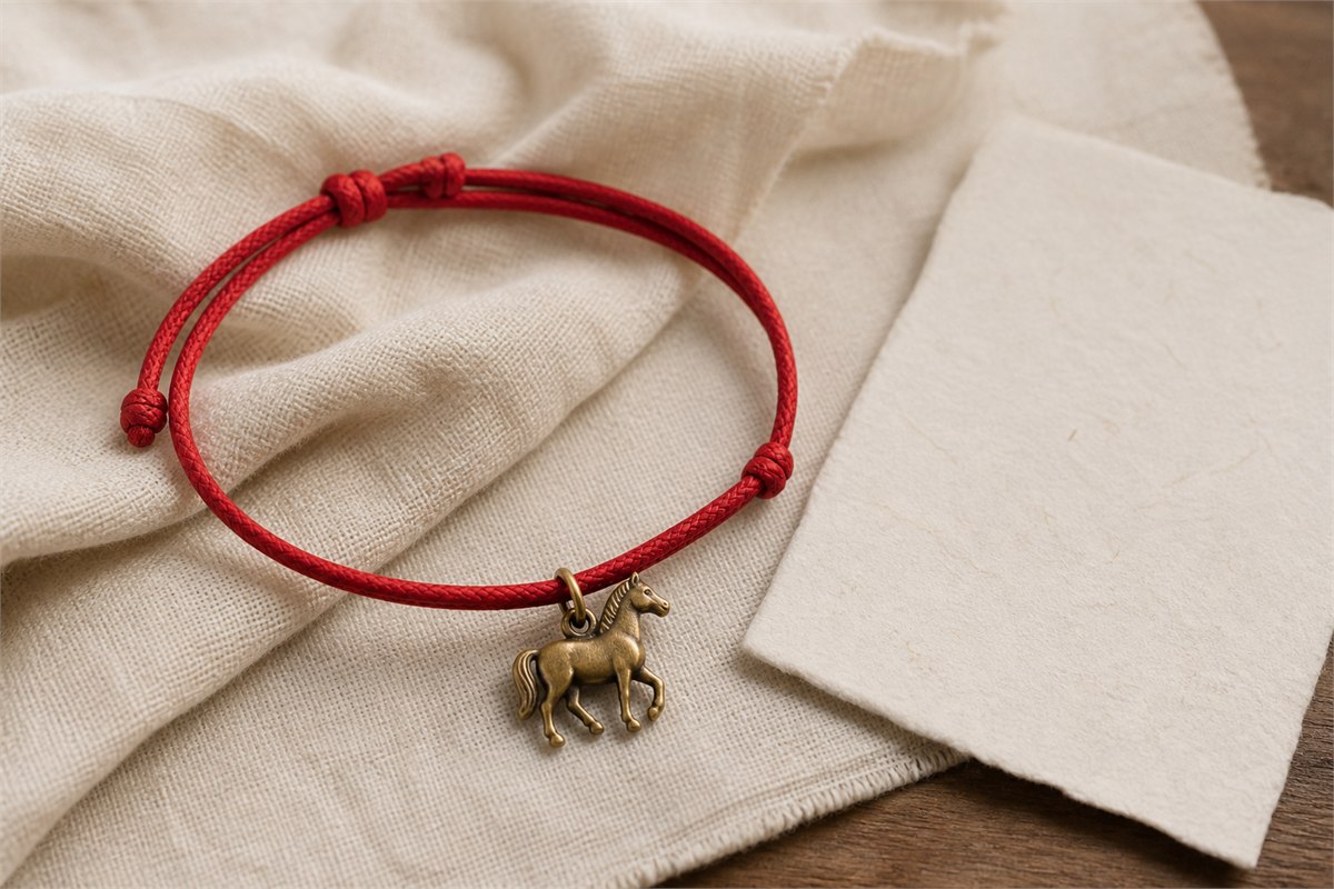 Red cotton cord bracelet with a small brass horse charm beside a blank handmade-paper card