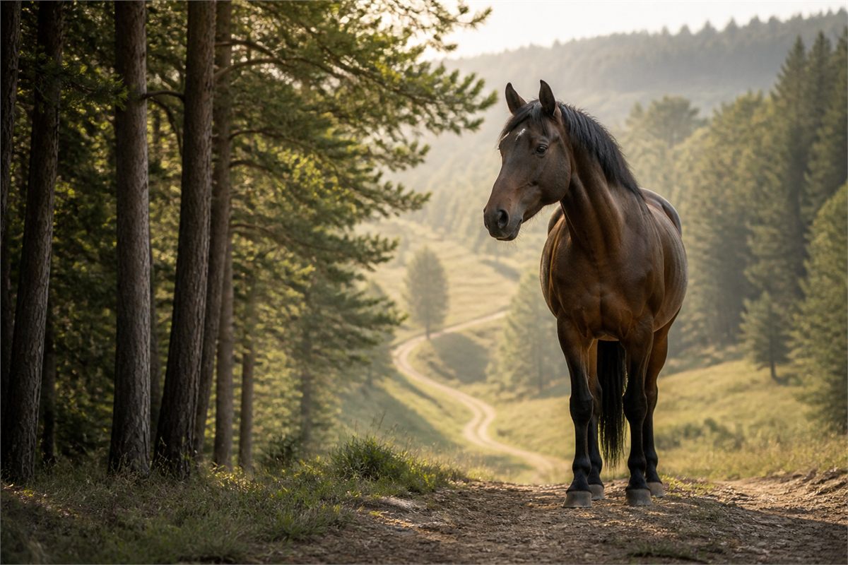 Dark bay horse standing calmly above a long trail through a sunlit woodland valley