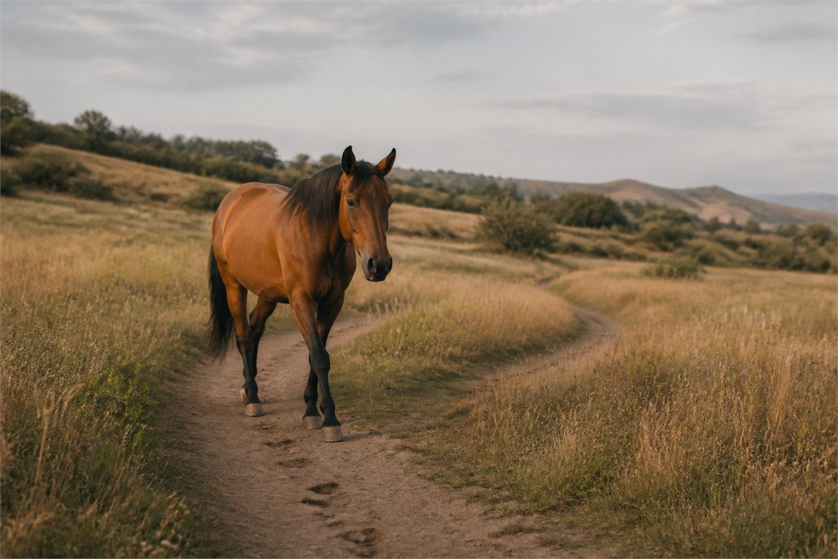 Bay horse walking calmly along a curving meadow trail with hoofprints