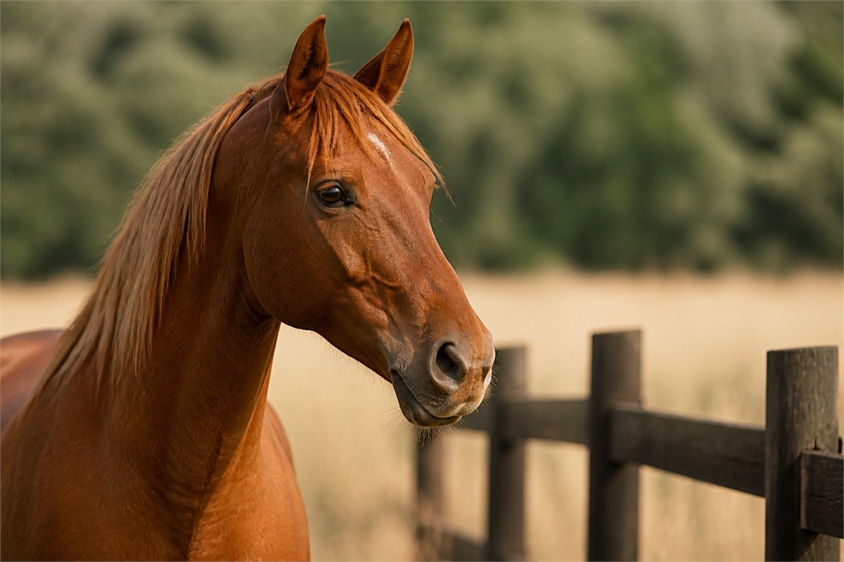 Close portrait of a calm chestnut horse beside a wooden fence in natural light