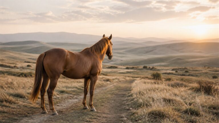 Chestnut horse standing on an open grassland path facing a sunlit horizon