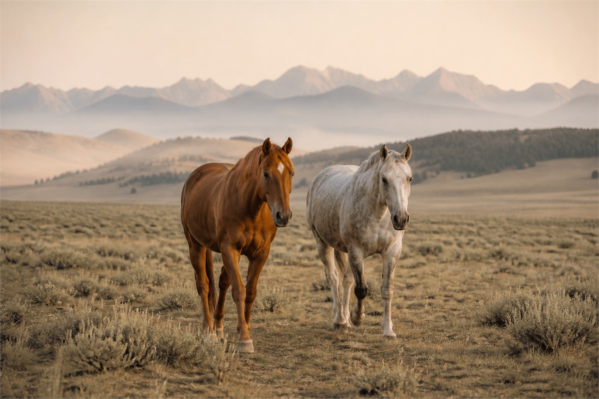 Chestnut and gray horses walking side by side across open grassland