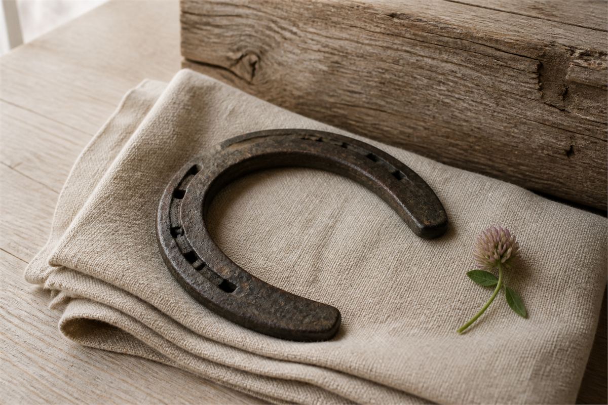 Weathered iron horseshoe resting sideways on oatmeal linen beside a small clover flower