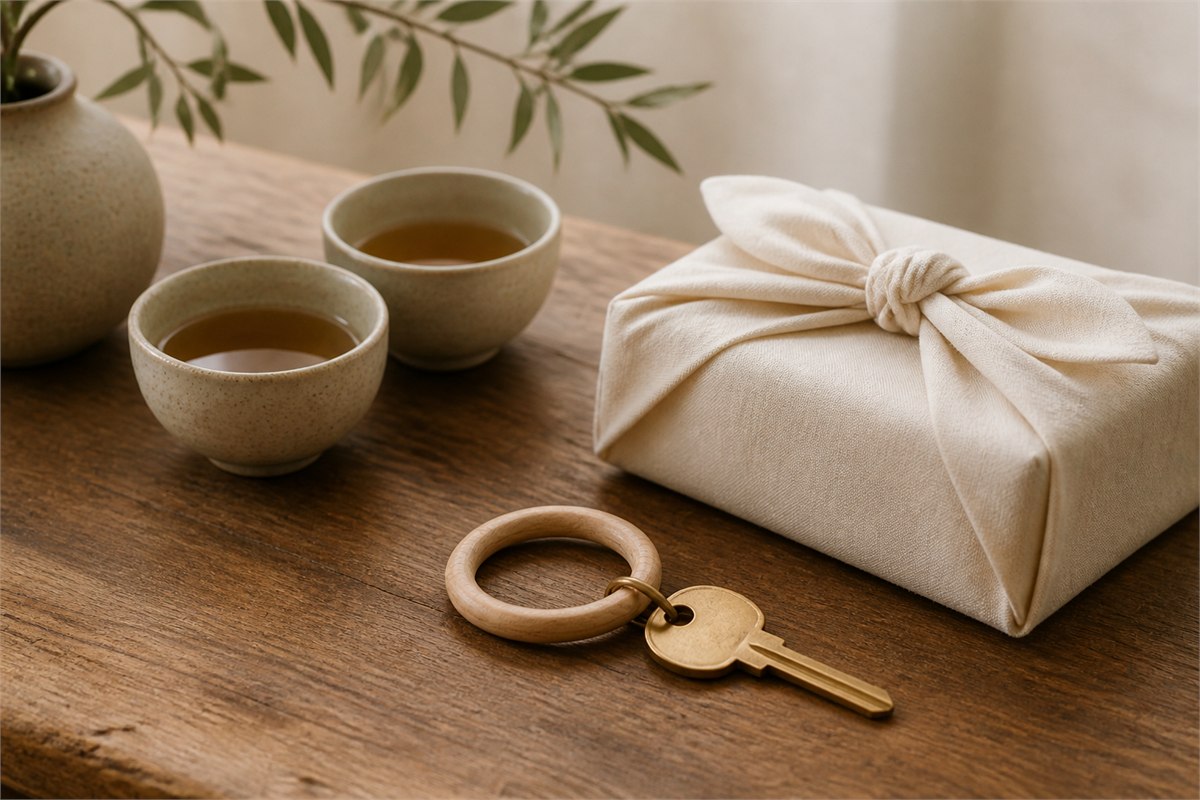 Plain brass house key on a wooden ring beside two tea cups and a cloth-wrapped gift
