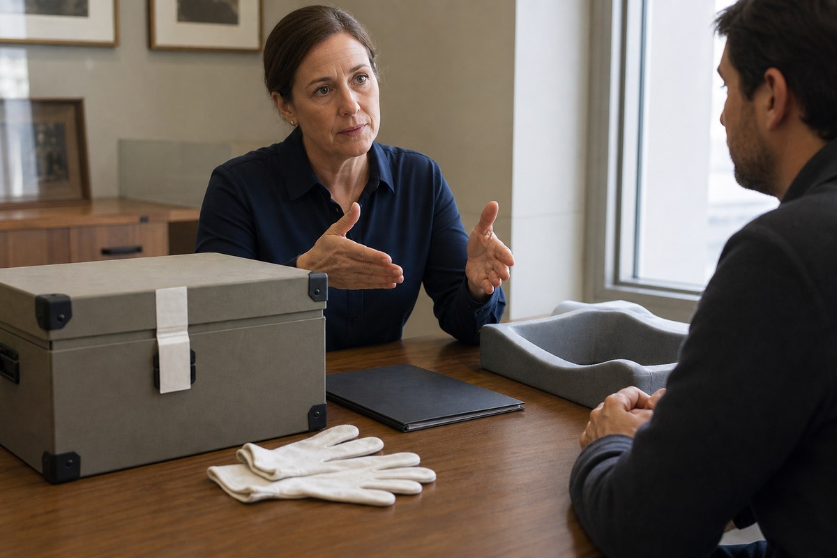 Two professionals consult beside a sealed archival case and empty padded cradle.