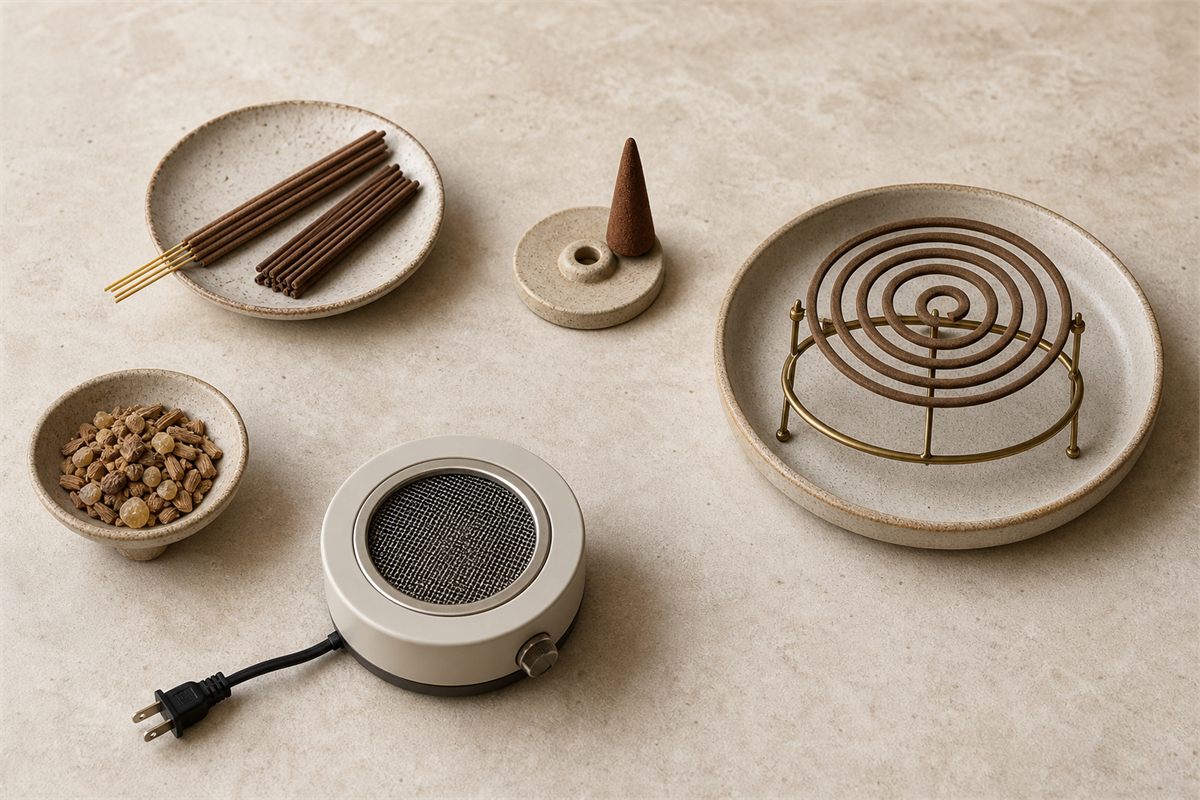 Unlit bamboo-core sticks, coreless sticks, cone, coil, loose resin and unplugged electric incense heater