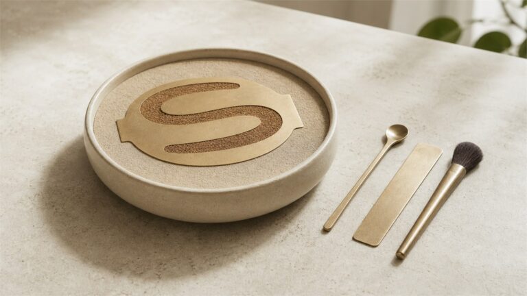 A simple metal incense-seal stencil filled with brown powder on level ash beside essential tools