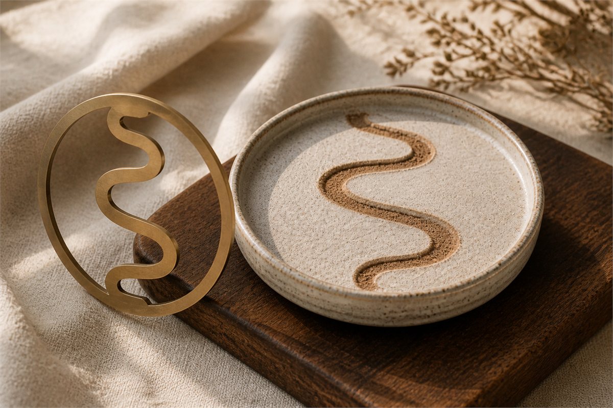 A removable metal incense stencil beside a matching continuous powder trail on level ash