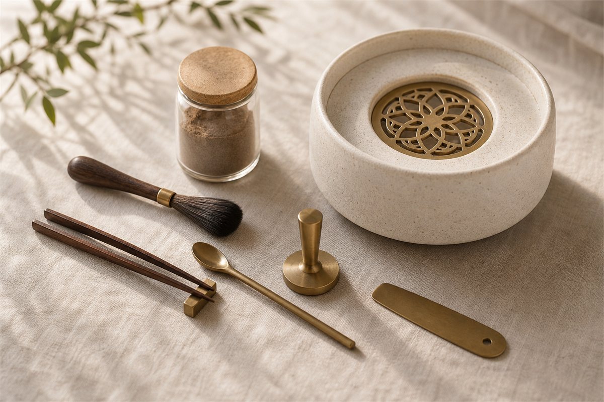 Heat-safe incense burner, metal stencil, ash press, spoon, scraper, chopsticks, and soft brush arranged on stone