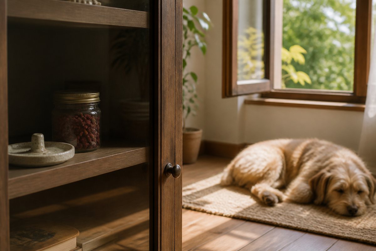 A sealed resin jar and cold ceramic holder inside a closed cabinet while a dog rests across a smoke-free room