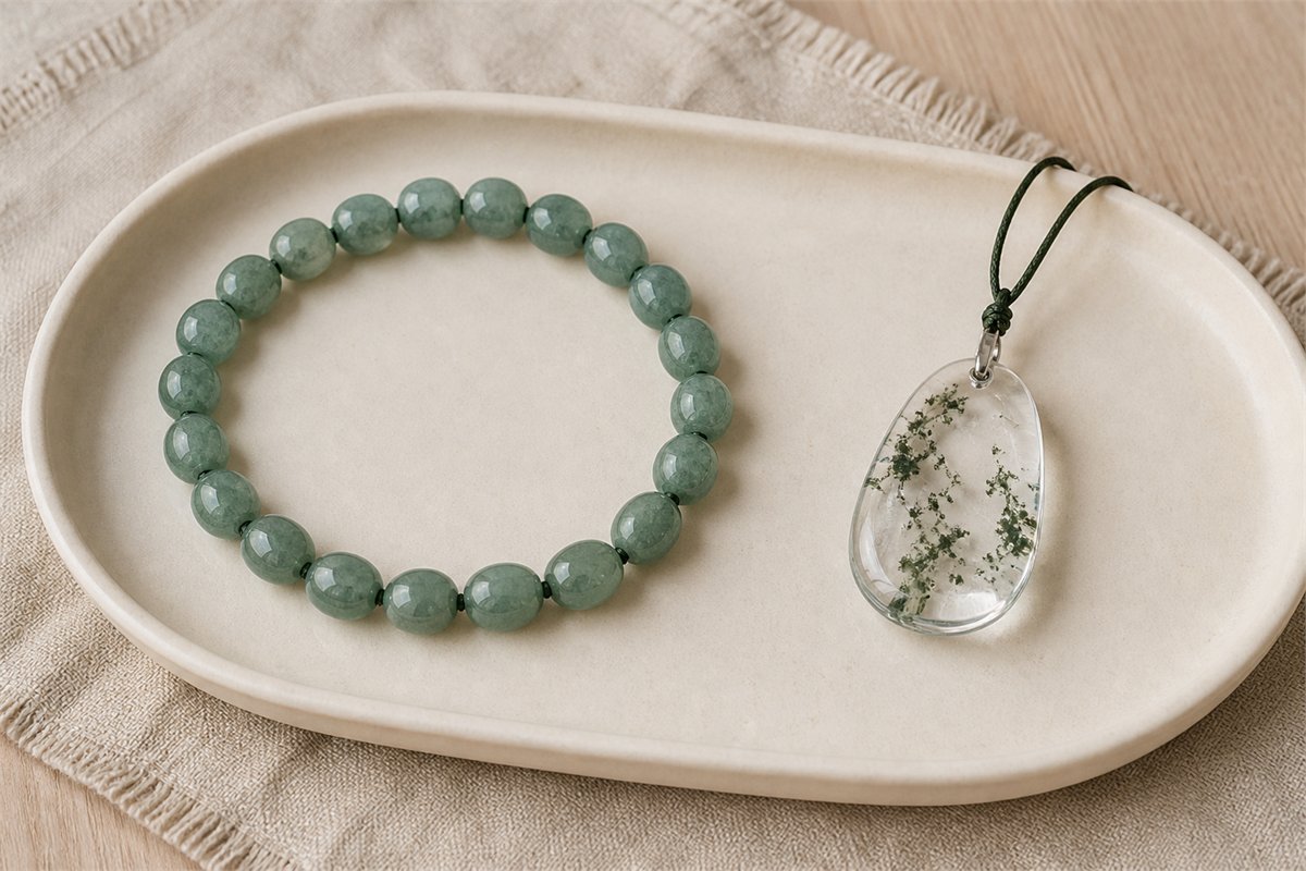 Transparent green-included quartz pendant beside a denser muted-green bead bracelet