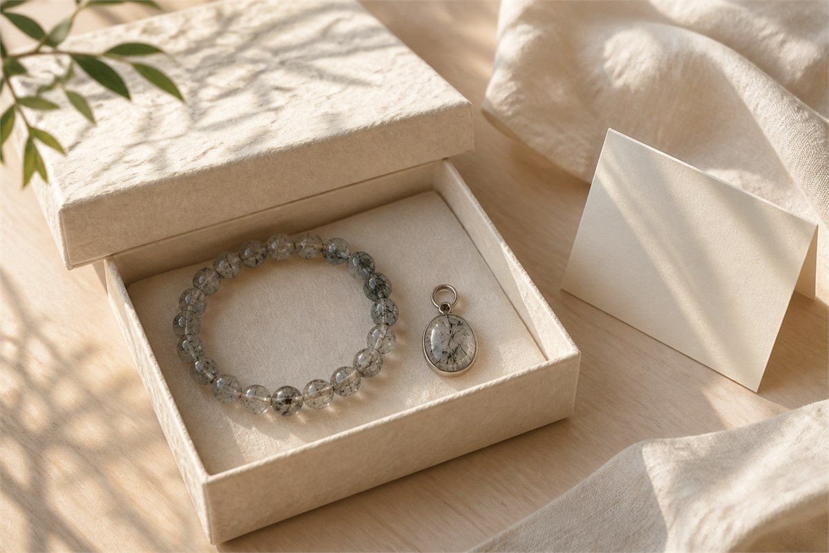 An included-quartz bracelet and pendant rest in an open ivory paper gift box beside a blank note card in morning light.